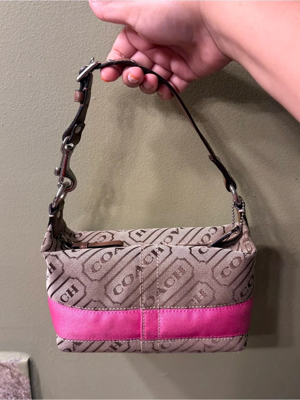 Coach Mini Shoulder Bag in Beige Canvas with Pink Trim